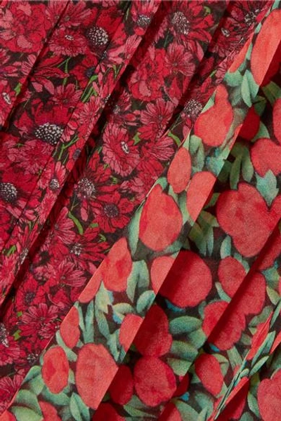 Shop Raquel Diniz Lily Pleated Floral-print Silk-chiffon Maxi Dress In Red
