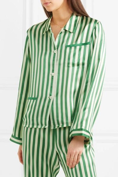 Shop Morgan Lane Ruthie Striped Silk-charmeuse Pajama Top In Emerald