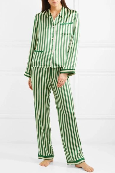 Shop Morgan Lane Ruthie Striped Silk-charmeuse Pajama Top In Emerald