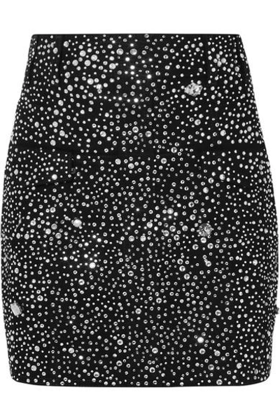 Shop Balmain Crystal-embellished Denim Mini Skirt In Black