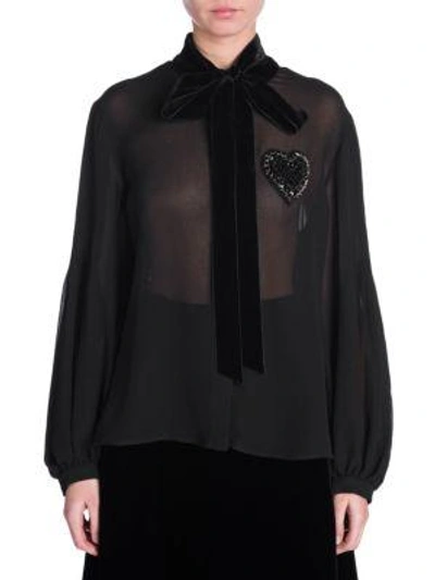 Shop Fendi Velvet Bow Blouse In Black