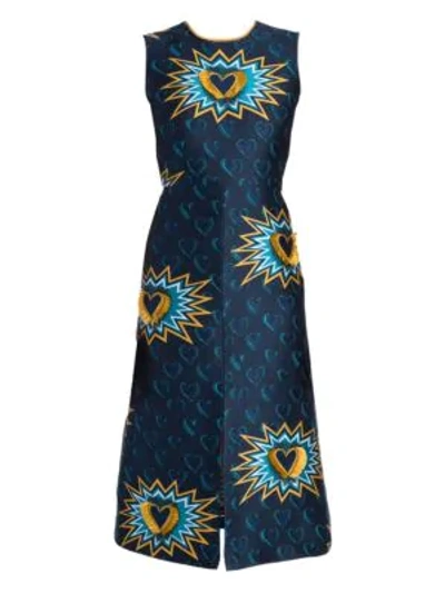 Shop Fendi Heart Jacquard Front Slit A-line Dress In Blue Heart Print
