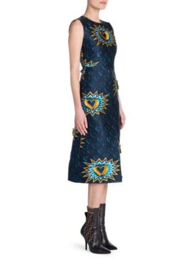 Shop Fendi Heart Jacquard Front Slit A-line Dress In Blue Heart Print