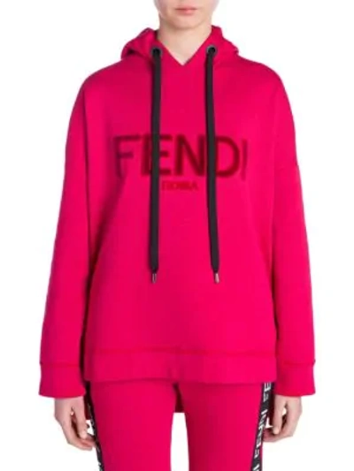 Shop Fendi Logo Velvet Hoodie In Red