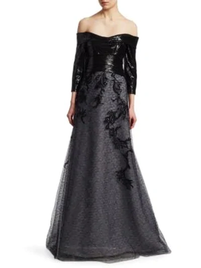 Shop Rene Ruiz Embellished Off-the-shoulder Gown In Black White