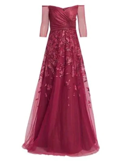 Shop Rene Ruiz Metallic Embroidered Tulle Gown In Rose
