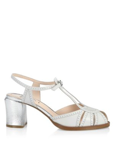 Shop Fendi Block Heel Leather Sandals In White
