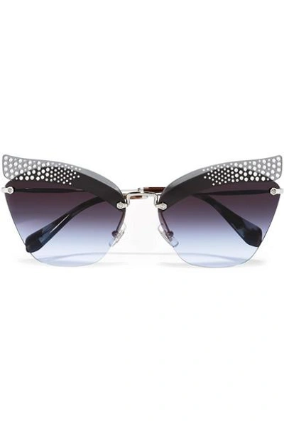 Shop Miu Miu Crystal-embellished Cat-eye Silver-tone Sunglasses In Blue