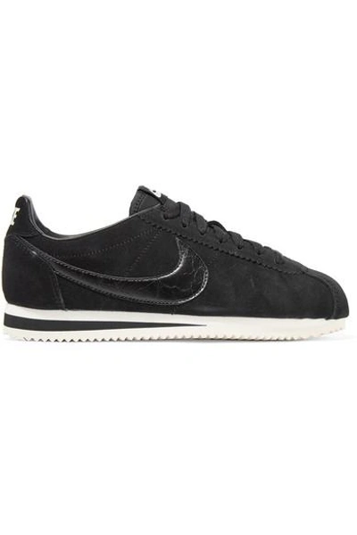 Shop Nike Classic Cortez Leather-trimmed Suede Sneakers In Black