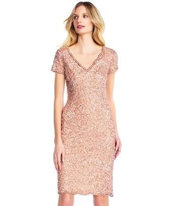 Adrianna Papell Sequin Beaded Cocktail With Pearl Scalloped Short Sleeves In Rose Gold | ModeSens
