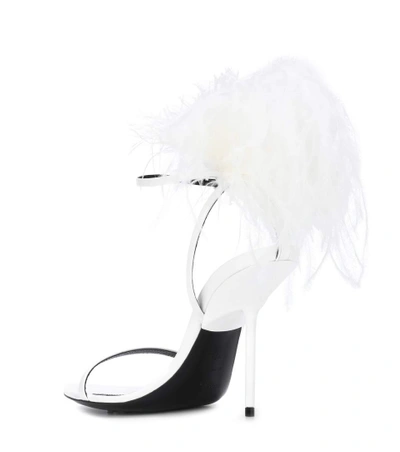 Shop Saint Laurent Inez Feather-trimmed Leather Sandals In White