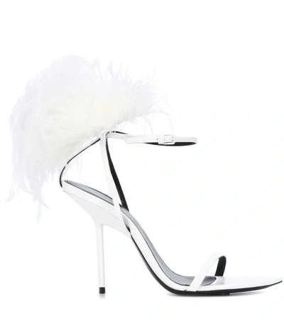 Shop Saint Laurent Inez Feather-trimmed Leather Sandals In White