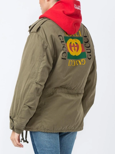 Shop Gucci Fake Logo Print Military Jacket