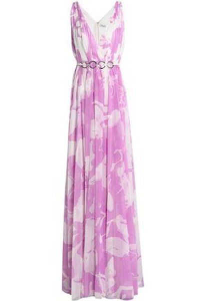 Shop Halston Heritage Woman Belted Floral-print Georgette Gown Lilac
