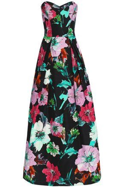 Shop Milly Woman Ava Strapless Floral-print Cotton-blend Faille Gown Black