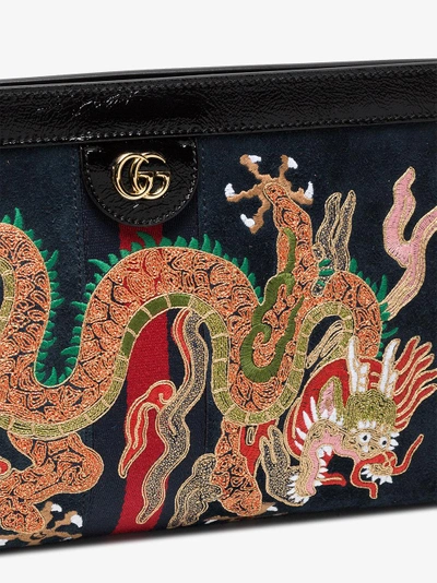 Shop Gucci Black Dragon Embroidered Suede Shoulder Bag