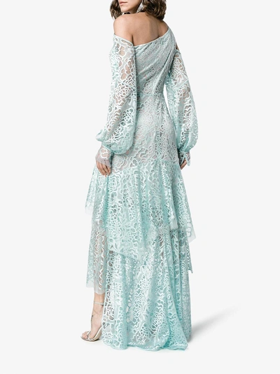 Shop Peter Pilotto Lace Cold-shoulder Asymmetric Dress In Blue