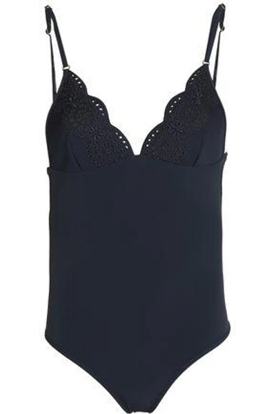 Shop Stella Mccartney Woman Broderie Anglaise-trimmed Swimsuit Midnight Blue
