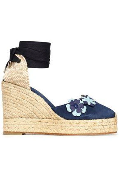 Shop Castaã±er Castañer Woman Woven And Floral-appliquéd Suede Wedge Espadrilles Navy