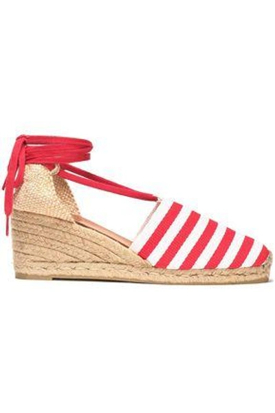 Shop Castaã±er Castañer Woman Woven And Striped Canvas Wedge Espadrilles Red