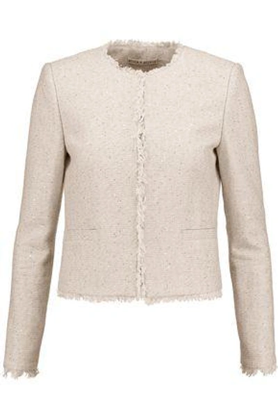 Shop Alice And Olivia Woman Kidman Sequinned Frayed Cotton-blend Jacket Neutral