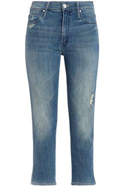Shop Mother Woman Cropped Distressed High-rise Slim-leg Jeans Mid Denim