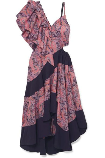 Shop Loewe Cold-shoulder Ruffled Printed Cotton-jersey Maxi Dress In Lavender