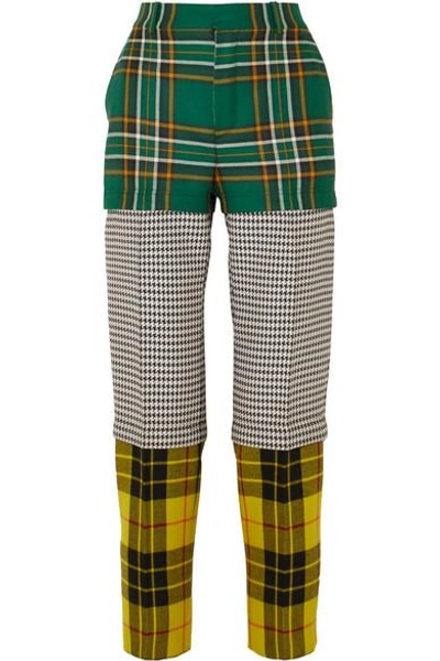 Shop Balenciaga Convertible Paneled Tartan And Houndstooth Wool Straight-leg Pants In Green