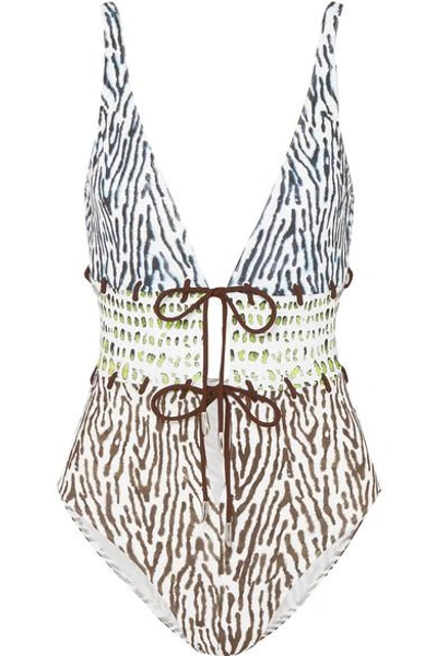 Shop On The Island By Marios Schwab Calypso Lace-up Printed Swimsuit In White