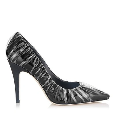 Shop Jimmy Choo Anne 100 Black Satin Chisel Toe Pumps With Ruched Tpu In Black/transparent