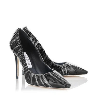 Shop Jimmy Choo Anne 100 Black Satin Chisel Toe Pumps With Ruched Tpu In Black/transparent