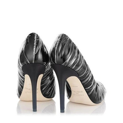 Shop Jimmy Choo Anne 100 Black Satin Chisel Toe Pumps With Ruched Tpu In Black/transparent