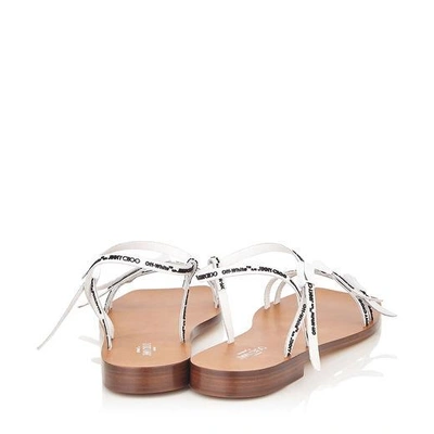 Shop Jimmy Choo Charlie Flat White Logo Rubber Strap Sandals In White/black/cuoio