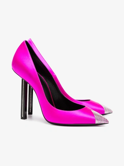 Shop Saint Laurent Pink Tower 110 Satin Crystal Pumps In Pink/purple