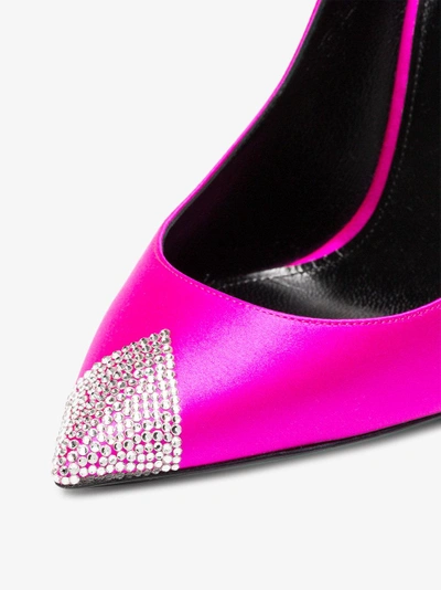 Shop Saint Laurent Pink Tower 110 Satin Crystal Pumps In Pink/purple