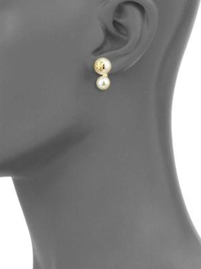 Shop Tory Burch Crystal Pearl Double-stud Earrings In Gold Ivory