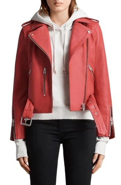 Shop Allsaints Balfern Leather Biker Jacket In Coral Red