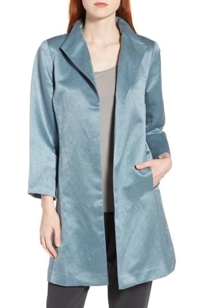 Shop Eileen Fisher High Collar Long Jacket In Blue Steel