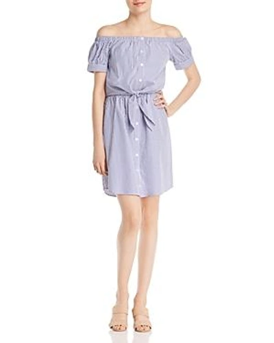 Shop Alison Andrews Off-the-shoulder Pinstripe Shirt Dress In White/blue