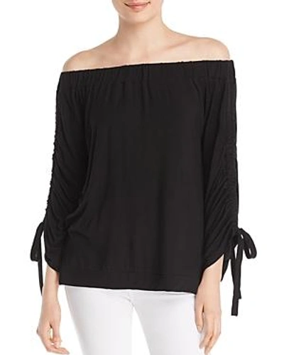 Shop Alison Andrews Off-the-shoulder Cinched-sleeve Top In Black