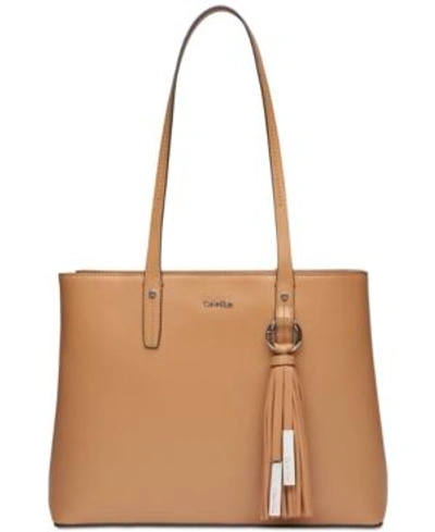 Shop Calvin Klein Maggie Leather Tote In Buff/silver