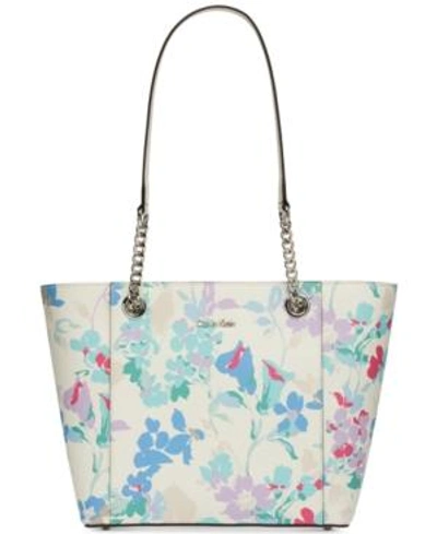 Shop Calvin Klein Hayden Leather Chain Strap Large Tote In Floral White/silver