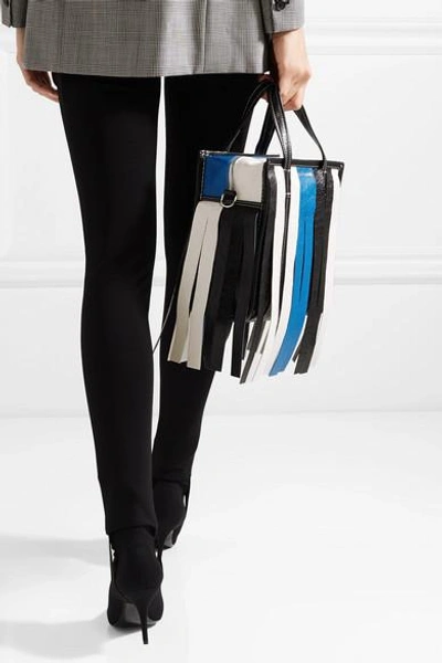 Shop Balenciaga Bazar Xs Fringed Striped Textured-leather Tote In Blue