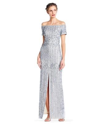 silver off the shoulder gown