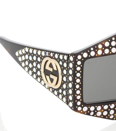 Shop Gucci Embellished Rectangular Sunglasses In Black