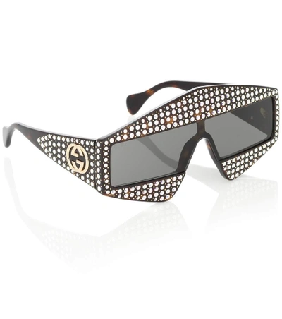 Shop Gucci Embellished Rectangular Sunglasses In Black