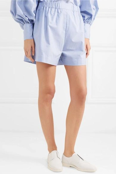 Shop Hillier Bartley Pinstriped Cotton-poplin Shorts In Light Blue