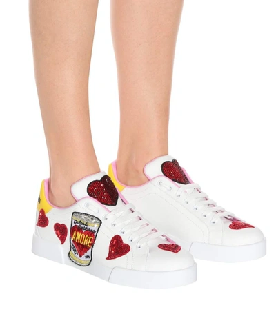 Shop Dolce & Gabbana Portofino Embellished Leather Sneakers In White