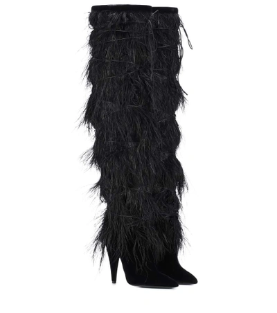 Shop Saint Laurent Yeti 110 Feather-trimmed Velvet Boots In Black