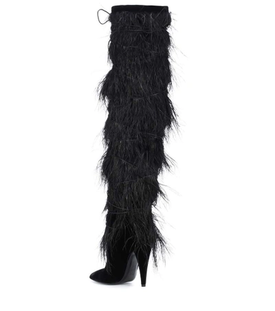 Shop Saint Laurent Yeti 110 Feather-trimmed Velvet Boots In Black